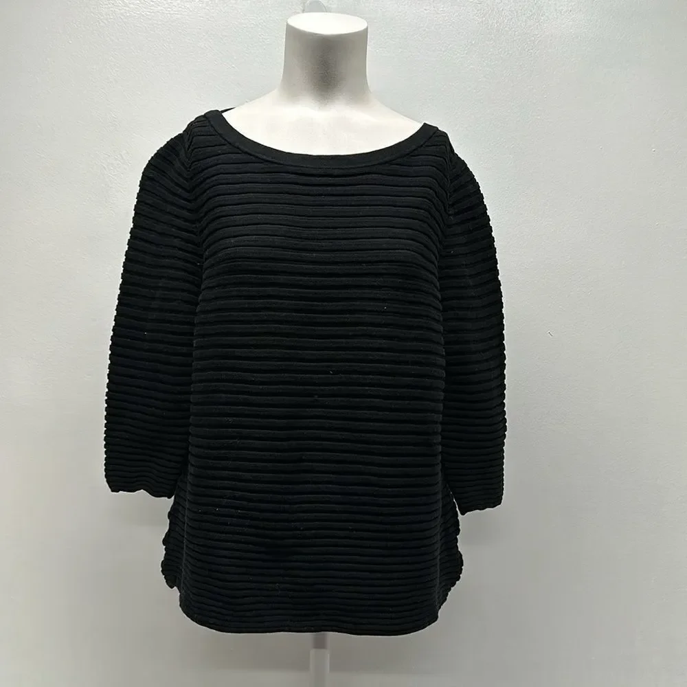 COS Ribbed Textured Knit Sweater 3/4 Sleeve 100% Cotton Black Large